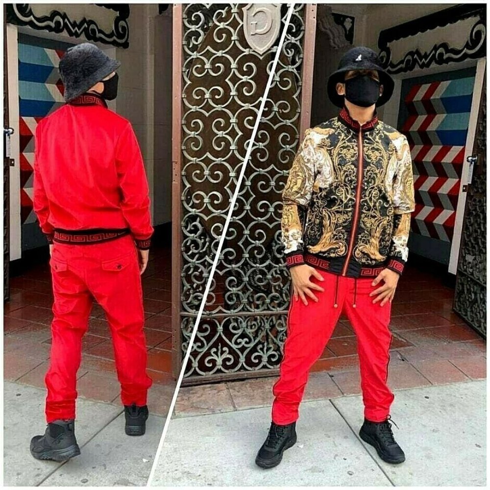 Men's Fashion Red | Gold Reversible Jacket and Matching Pants Outfit Set NWT
